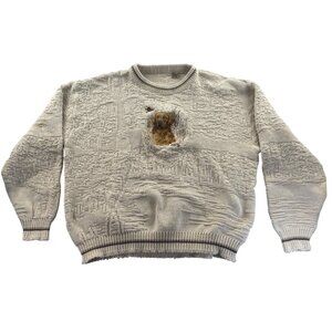 Vintage White Sweater With Embroidered Dog Design XXL Heavy Knit Cotton Crewneck